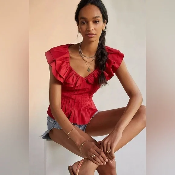 Anthropologie Forever that Girl Pintucked Ruffle Blouse Medium - Picture 2 of 8